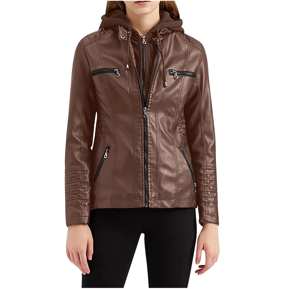 Women's Faux Leather Motorcycle Jackets Classic Detachable Knitted Hood size M